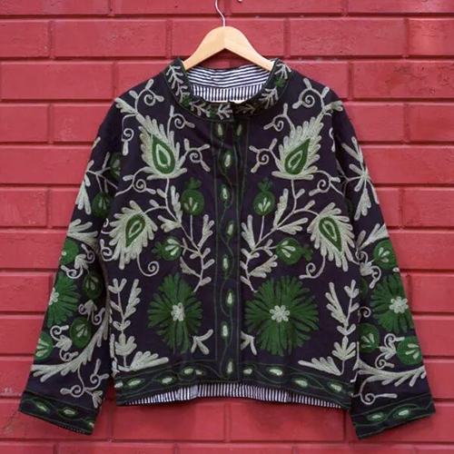 Womens Black Velvet Embroidered Jacket with Floral Design