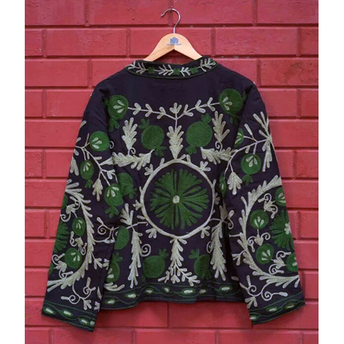 Womens Black Velvet Embroidered Jacket with Floral Design