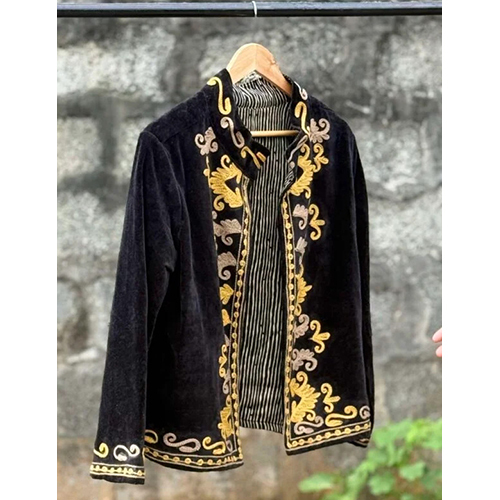 Womens Black Velvet Embroidered Jacket with Floral Design