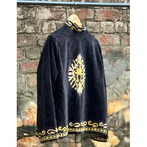 Womens Black Velvet Embroidered Jacket with Floral Design