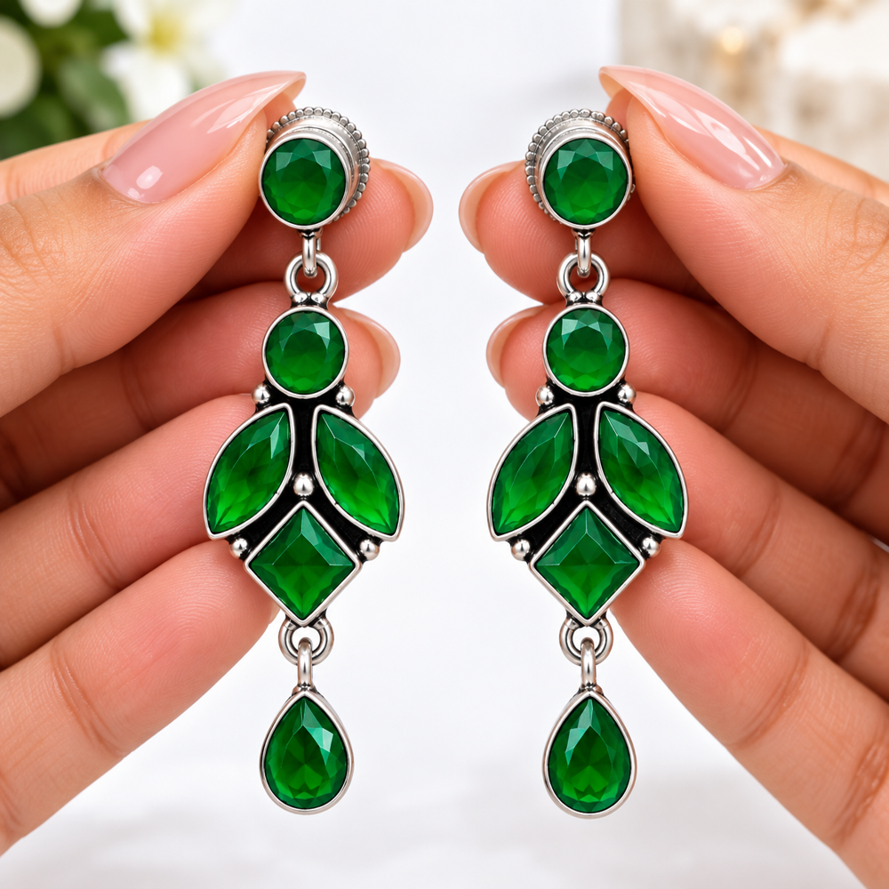 Artifical Oxidized Silver Fashion Earrings - Color: Green