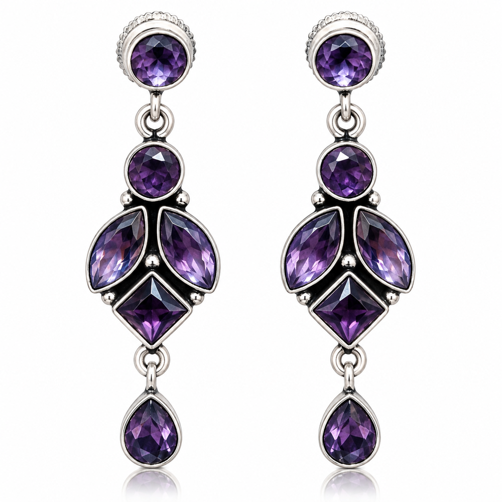 Purple Oxidized Silver Fashion Dangle Earrings - Grade: A