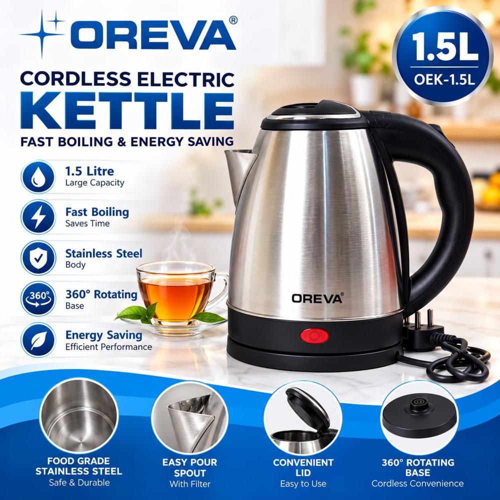 OREVA 1.5 L Stainless Steel cordless Electric Kettle
