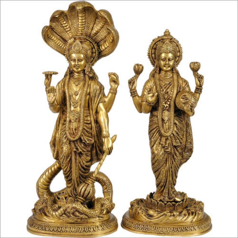 Decorative Brass Statue - Handcrafted With Charming Carvings | Features Lord Vishnu And Goddess Lakshmi, Easy To Clean With Cotton Cloth