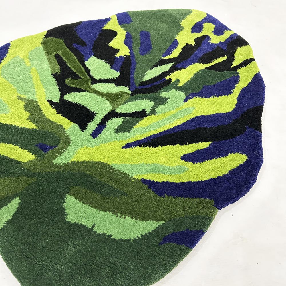 Hand Tufted Wool Abstract Leaf Rug Modern Green Blue Botanical Area Carpet Handmade Custom Shape Home Decor