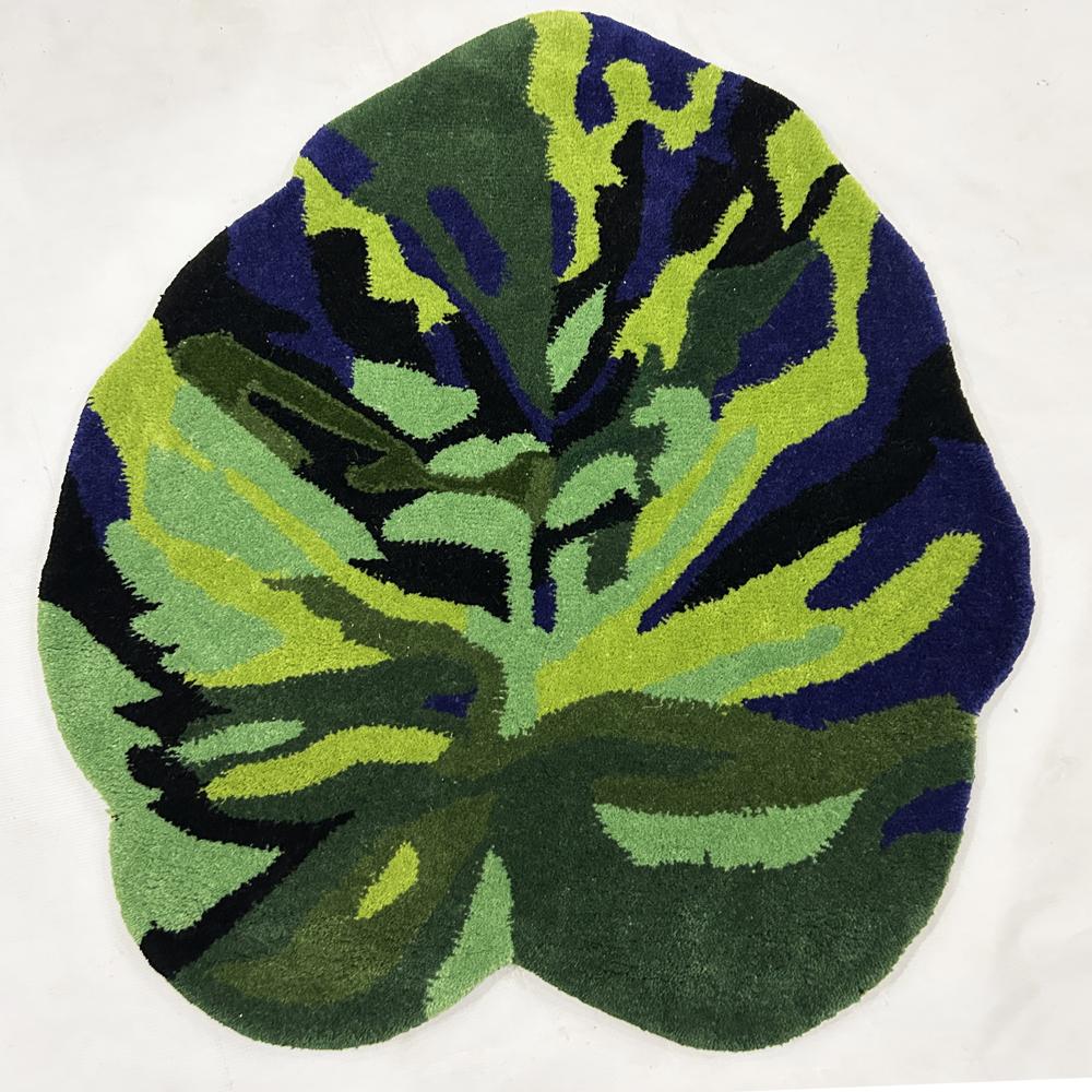 Hand Tufted Wool Abstract Leaf Rug Modern Green Blue Botanical Area Carpet Handmade Custom Shape Home Decor