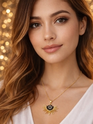 Stylish Black & Gold Sunburst Pendant Necklace