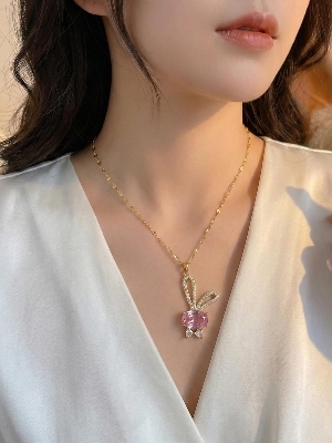 Gold Plated Pink Stone Bunny Pendant - Gender: Women