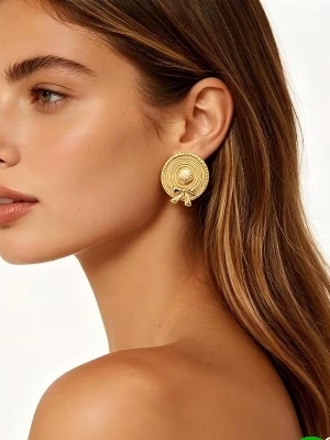 Gold Plated Round Designer Stud Earrings With Bow Design - Gender: Women