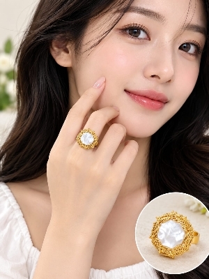 Gold Plated White Pearl Designer Statement Ring For Women - Material: Stainless Steel