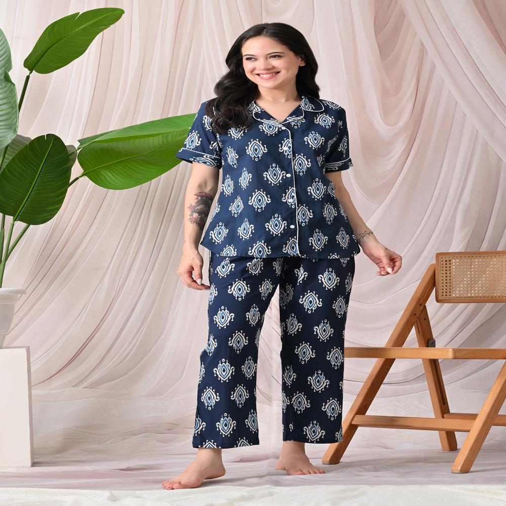 Cotton Printed Nightwear Suit - Color: Blue