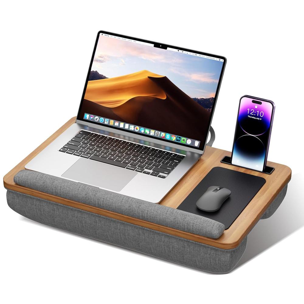 Wooden Portable Desk for Laptop with Phone Holder & Cushion