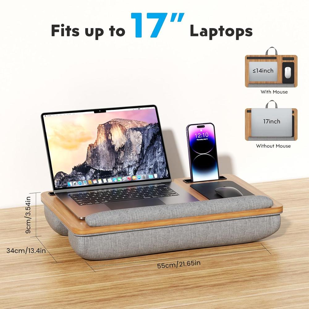 Wooden Portable Desk for Laptop with Phone Holder & Cushion