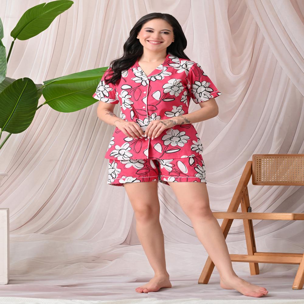 Cotton Printed Shorts Night Suit - Color: Pink