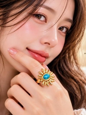 Gold Plated Turquoise Sun Design Statement Ring - Gender: Women