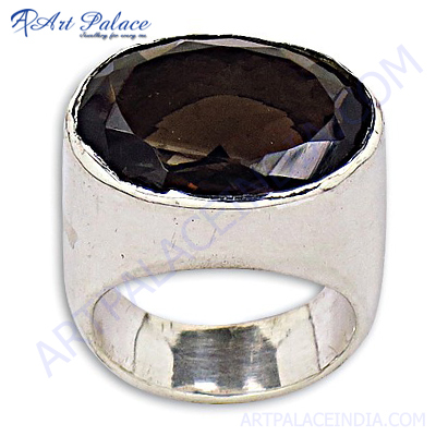 सरल स्मोकी क्वार्ट्ज चांदी की अंगूठी