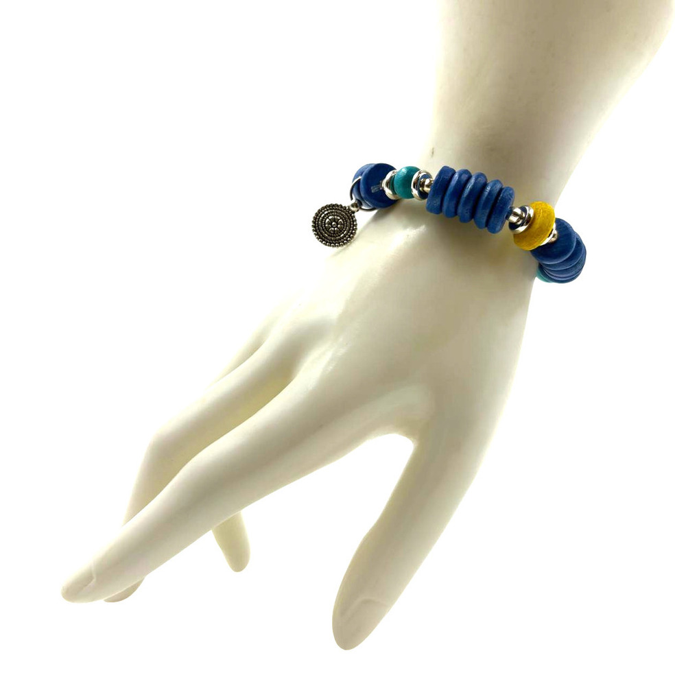 Mariner Blue Wood Disc Stretch Bracelet