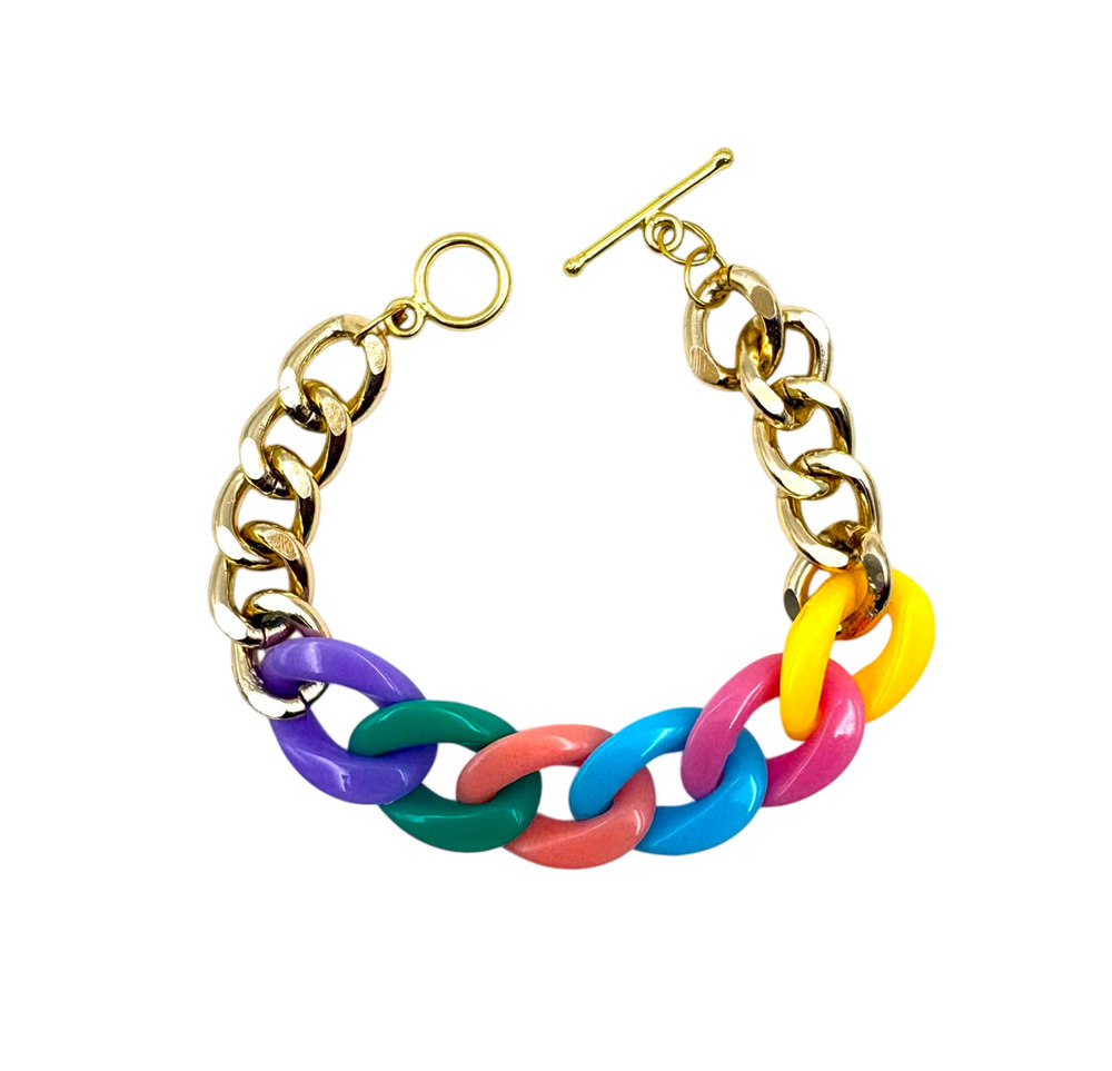 Rainbow Block Resin And Gold Chain Bracelet