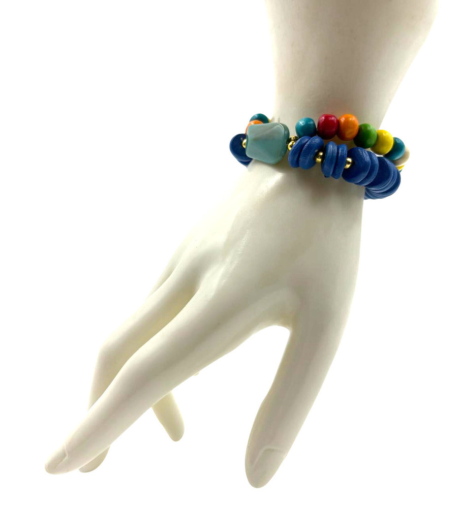 Handcrafted Rainbow And Indigo Wood Bead Bracelet