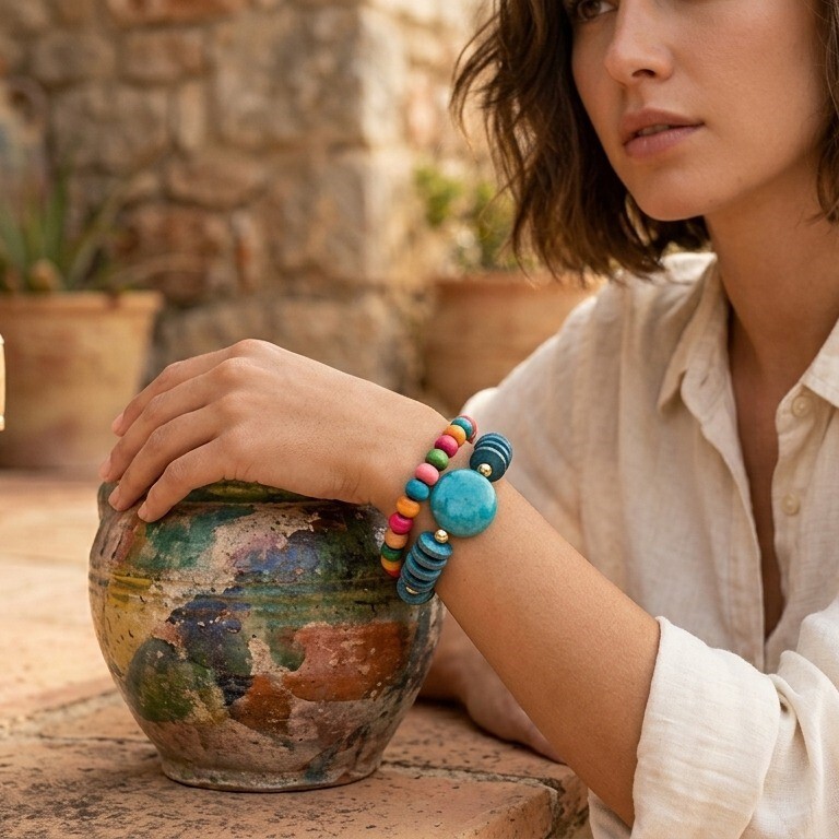 Handcrafted Rainbow And Indigo Wood Bead Bracelet