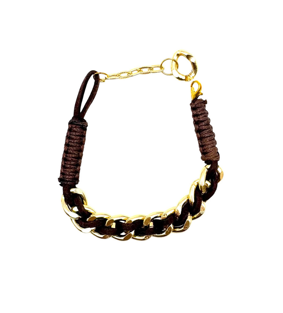 Brown Wax Cord Woven Gold Chain Bracelet
