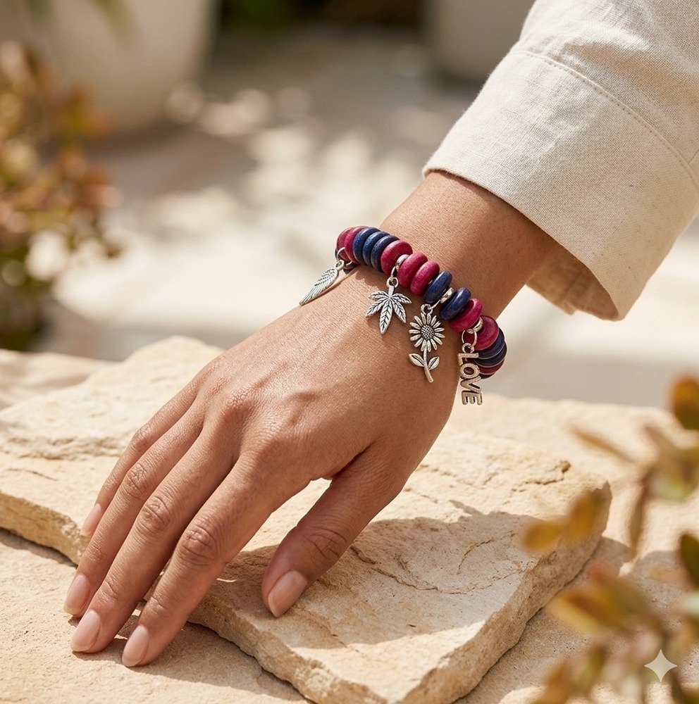 Midnight Berry And Leaf Charm Bracelet