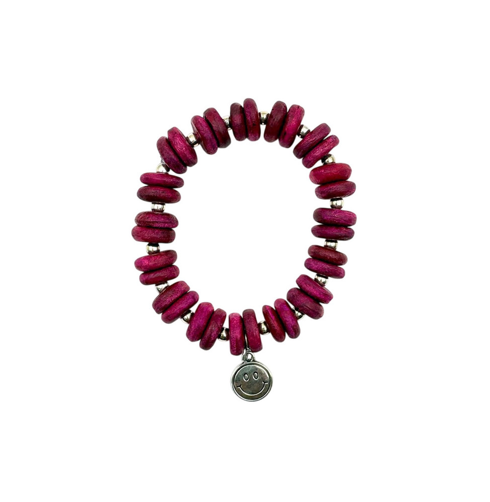 Good Vibes Wooden Disc Boho Berry Smiley Bracelet