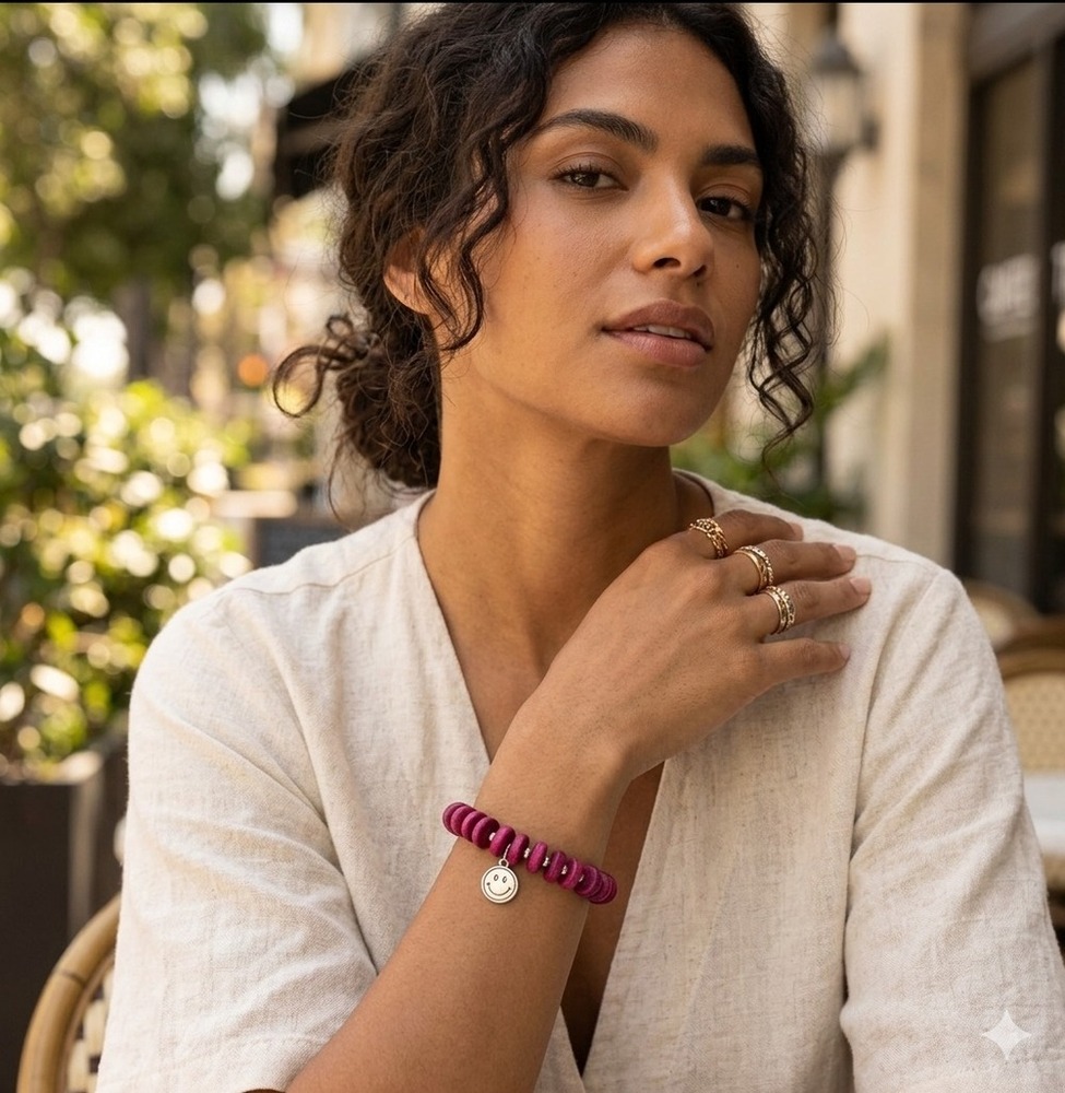 Good Vibes Wooden Disc Boho Berry Smiley Bracelet