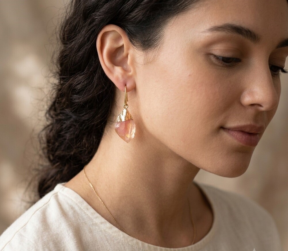 Golden Rose Quartz Drop Earrings