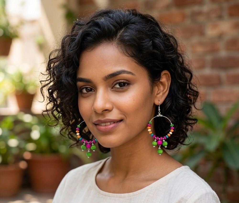 Wooden Bead Charm Hoop Earrings