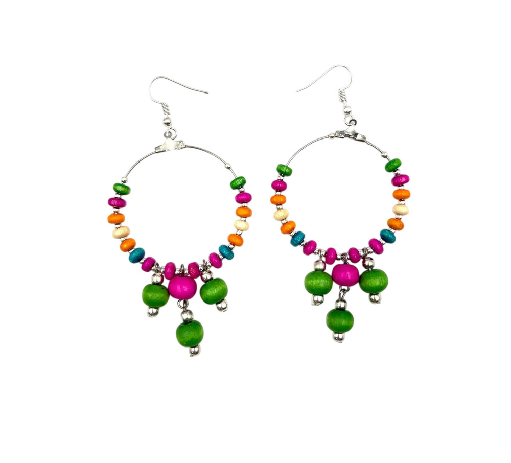 Wooden Bead Charm Hoop Earrings