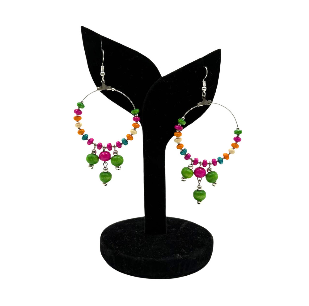 Wooden Bead Charm Hoop Earrings