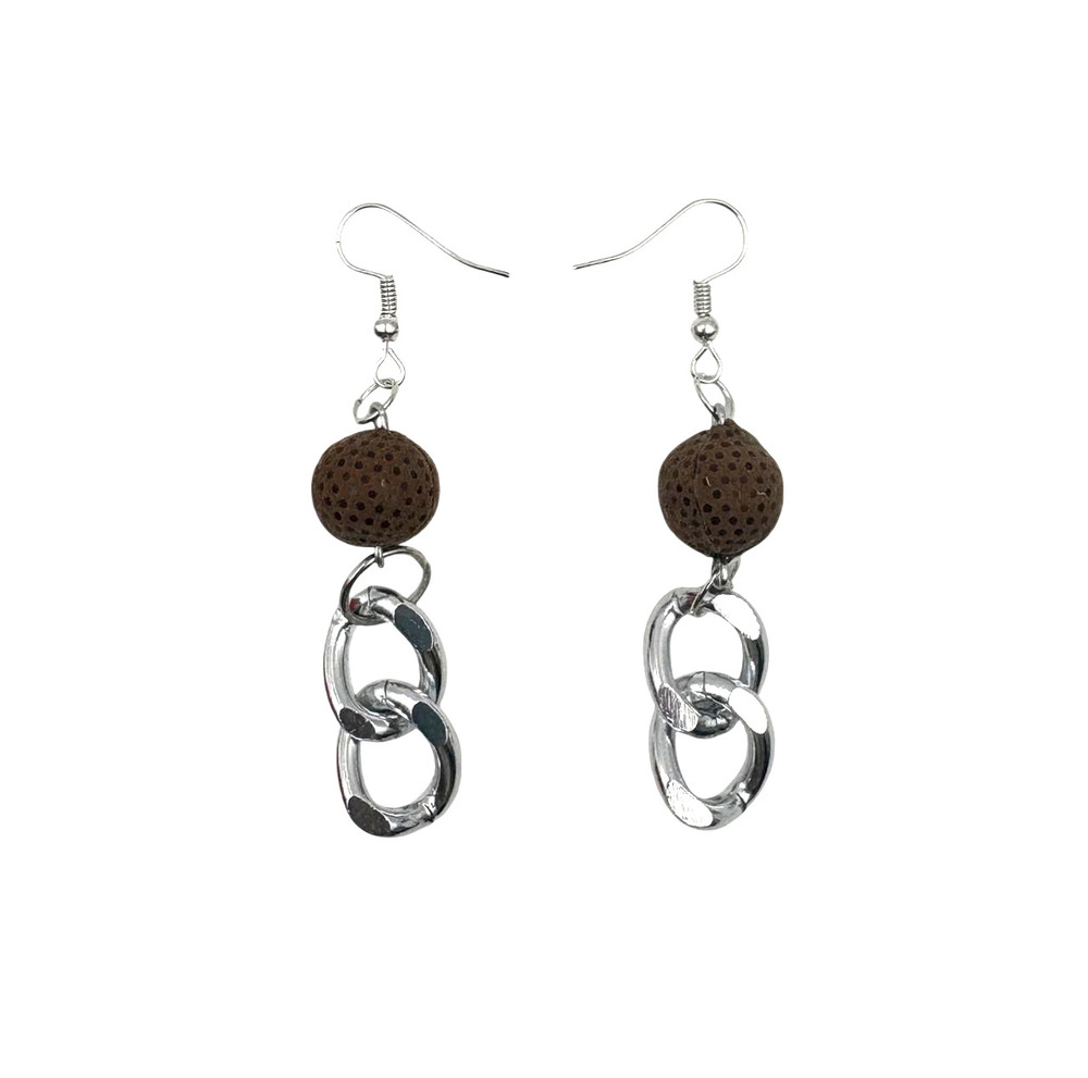 Silver Curb Link Leather Bead Hook Earrings