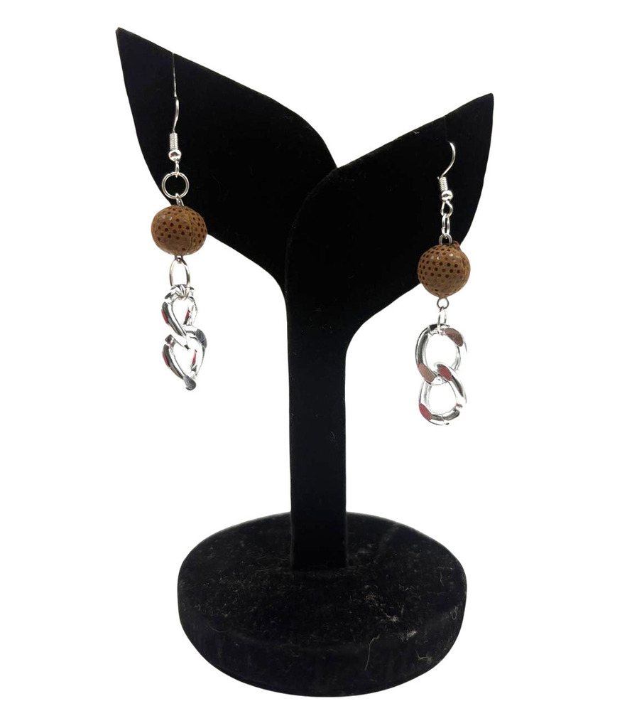 Silver Curb Link Leather Bead Hook Earrings