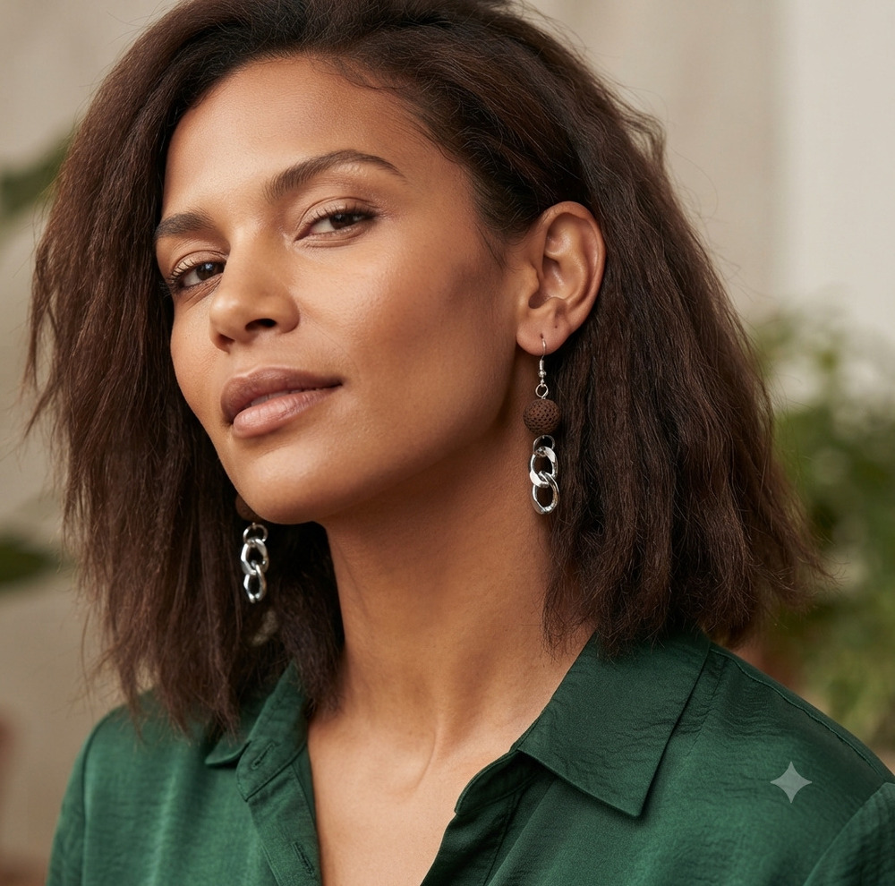 Silver Curb Link Leather Bead Hook Earrings