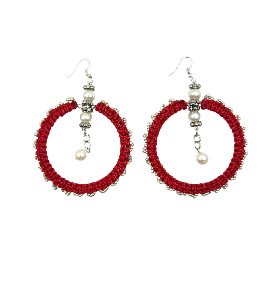 Handwoven Crimson Hoop Earrings