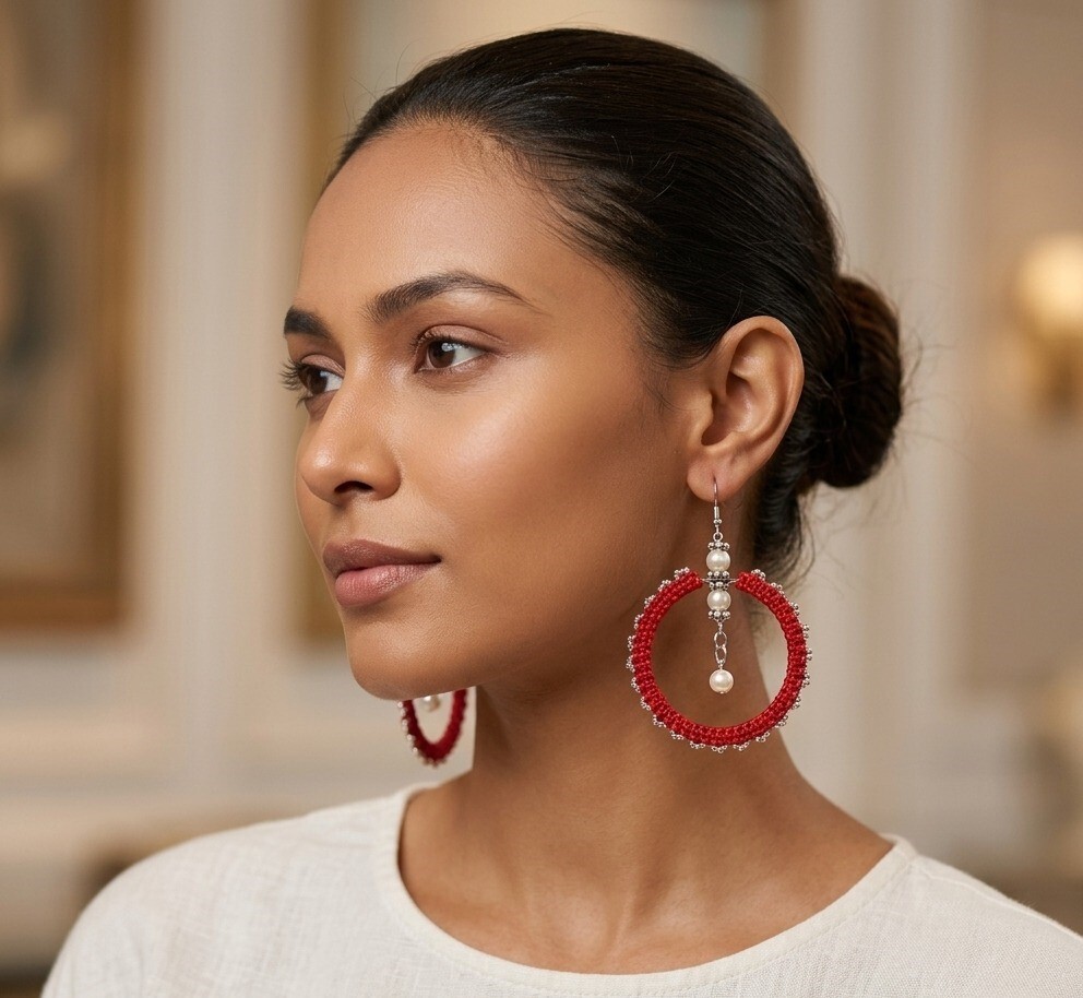 Handwoven Crimson Hoop Earrings