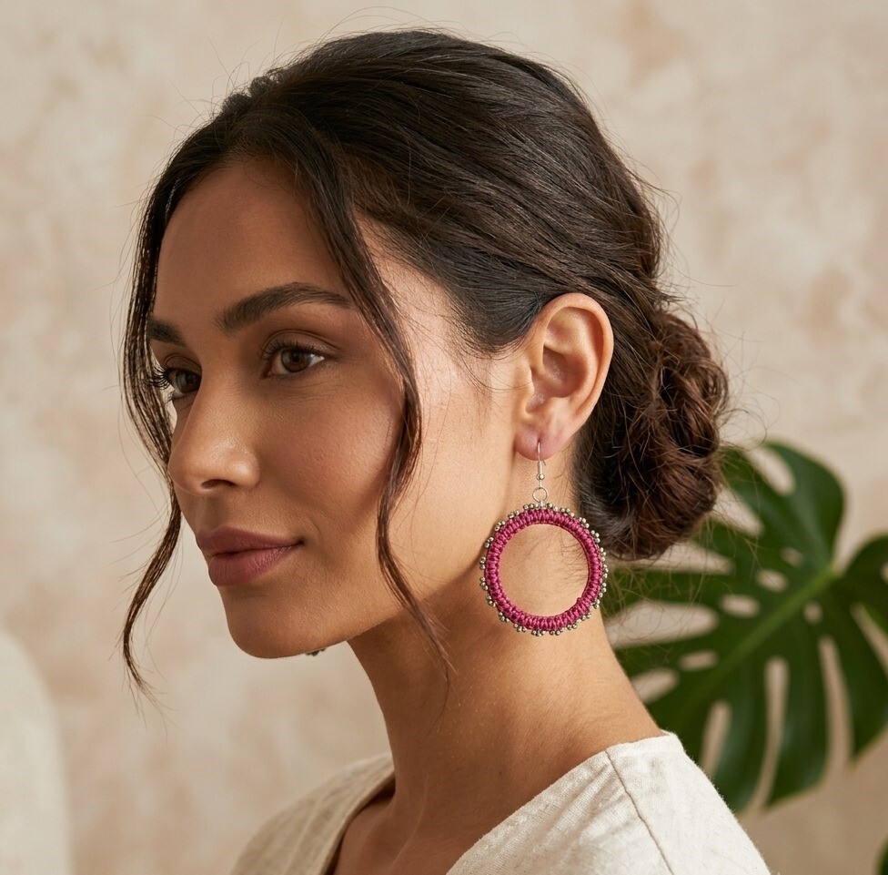 Handwoven Pink Hoop Earrings