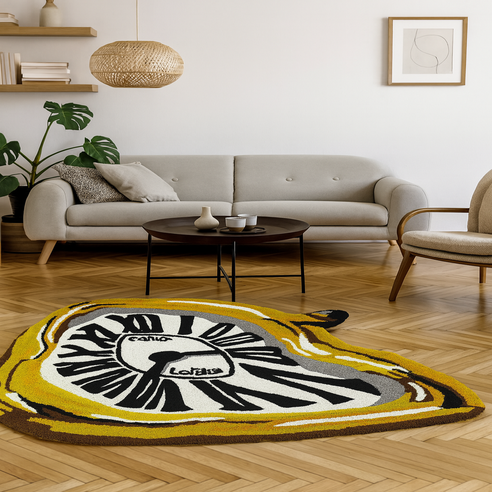 Hand Tufted Yellow Clock Shaped Wool Rug, Handmade Designer Carpet For Home Decoration, Black And White Novelty Shape Area Rug - Backing Material: Canvas Latex