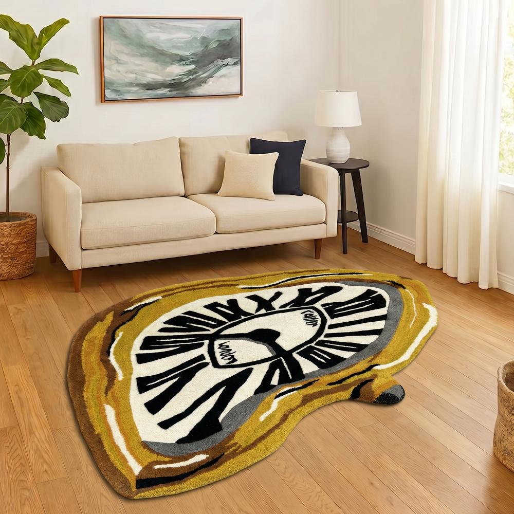 Hand Tufted Yellow Clock Shaped Wool Rug, Handmade Designer Carpet for Home Decoration, Black and White Novelty Shape Area Rug