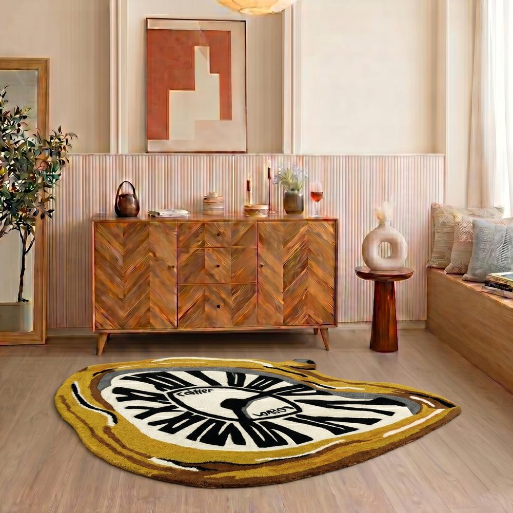 Hand Tufted Yellow Clock Shaped Wool Rug, Handmade Designer Carpet for Home Decoration, Black and White Novelty Shape Area Rug