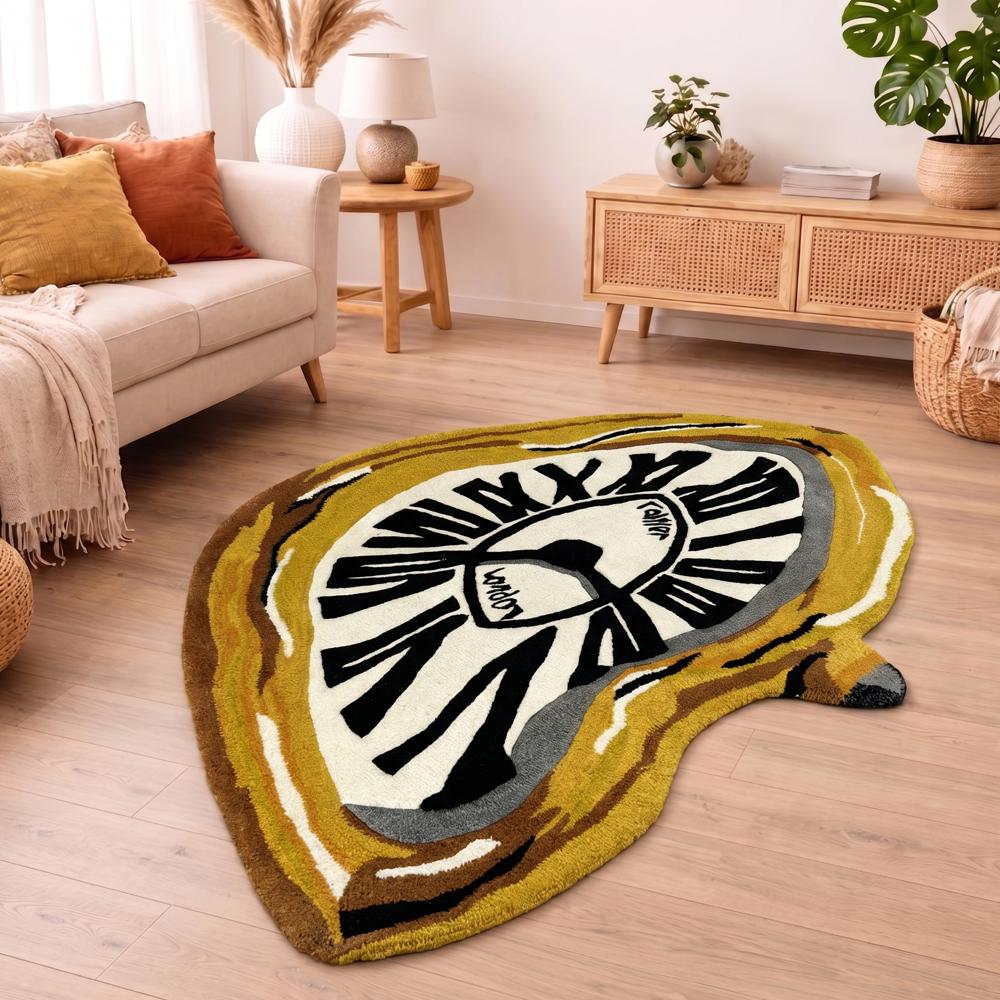 Hand Tufted Yellow Clock Shaped Wool Rug, Handmade Designer Carpet for Home Decoration, Black and White Novelty Shape Area Rug