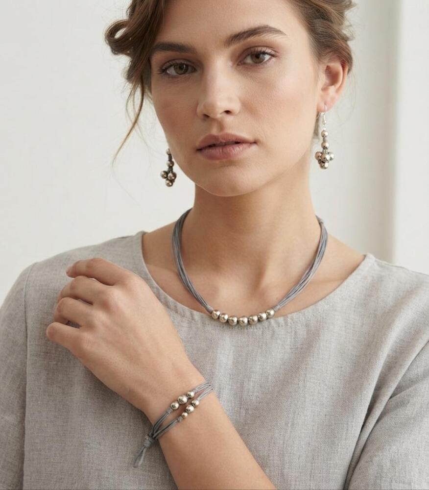 SILVER MIST MULTI-STRAND GREY CORD NECKLACE SET FOR WOMEN