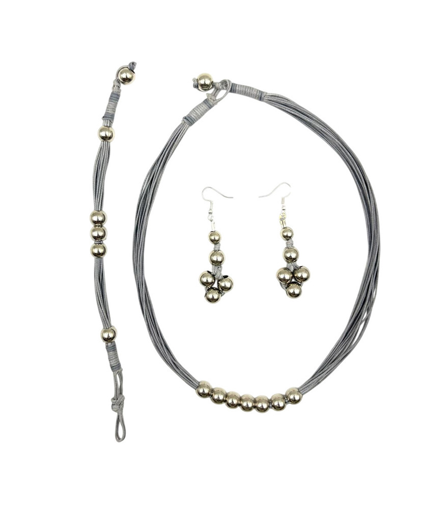 SILVER MIST MULTI-STRAND GREY CORD NECKLACE SET FOR WOMEN
