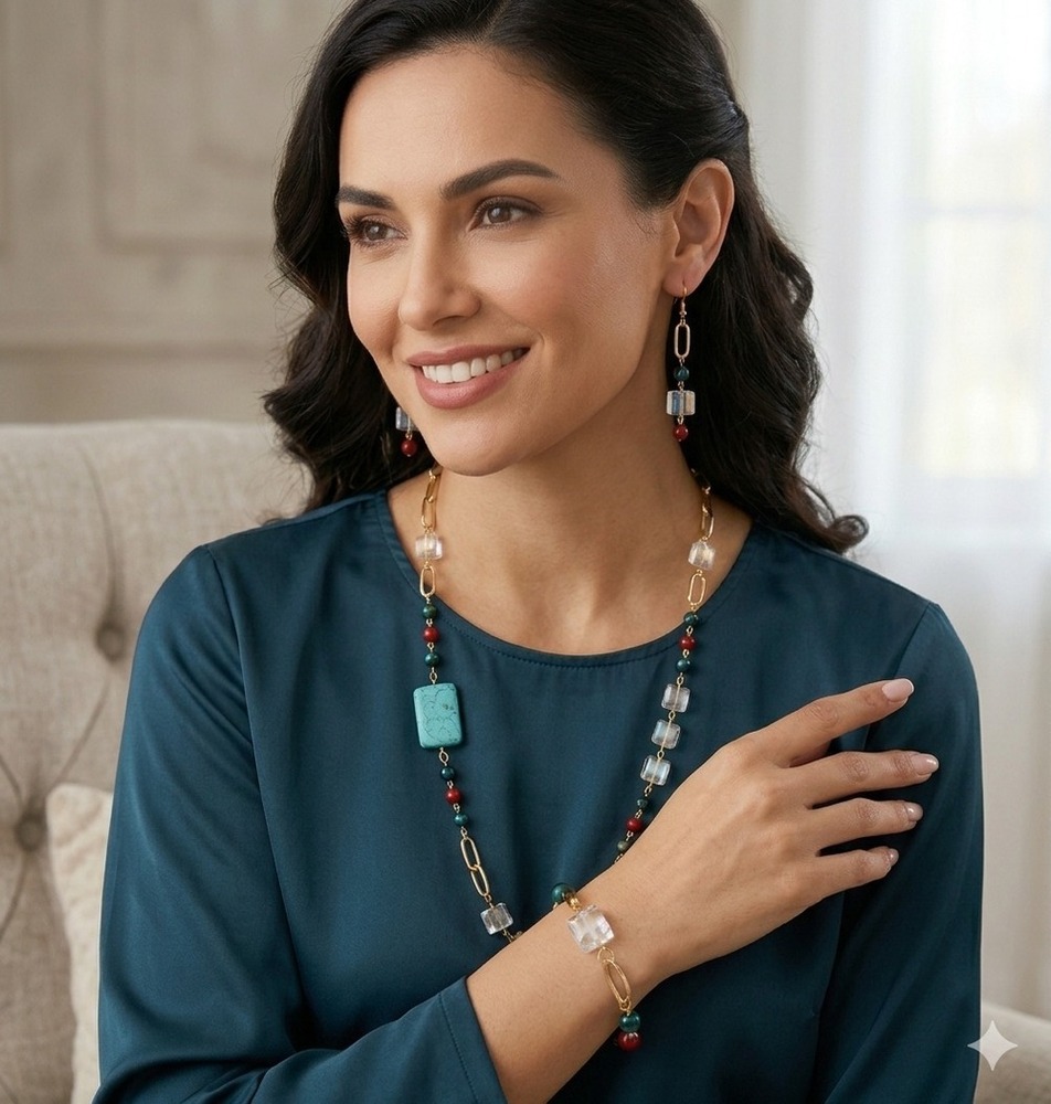 LINEAR TURQUOISE & CLEAR CUBE NECKLACE SET