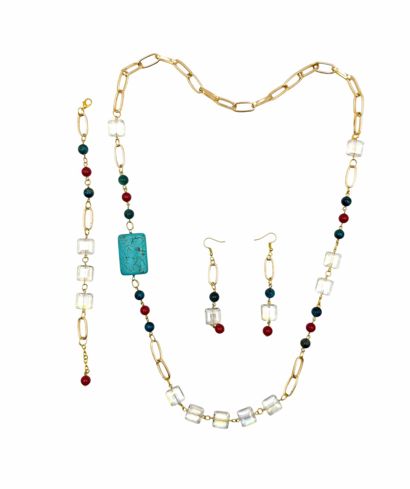 Linear Turquoise & Clear Cube Necklace Set