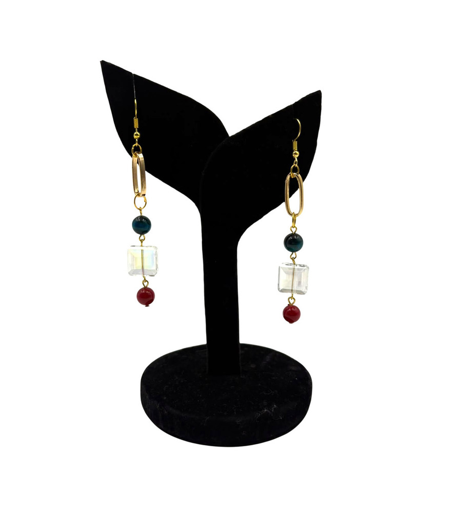 LINEAR TURQUOISE & CLEAR CUBE NECKLACE SET