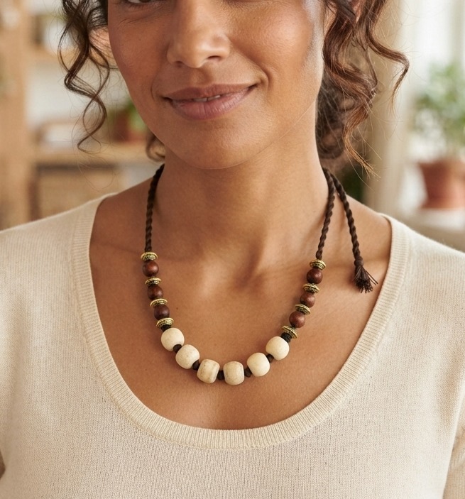 Bohemian Contrast Bead Necklace On Dark Cord
