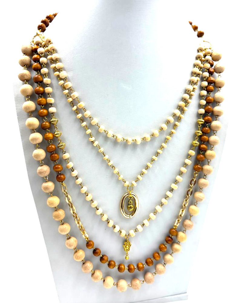 Boho Multi-Layered Wooden Bead And Gold Charm Necklace
