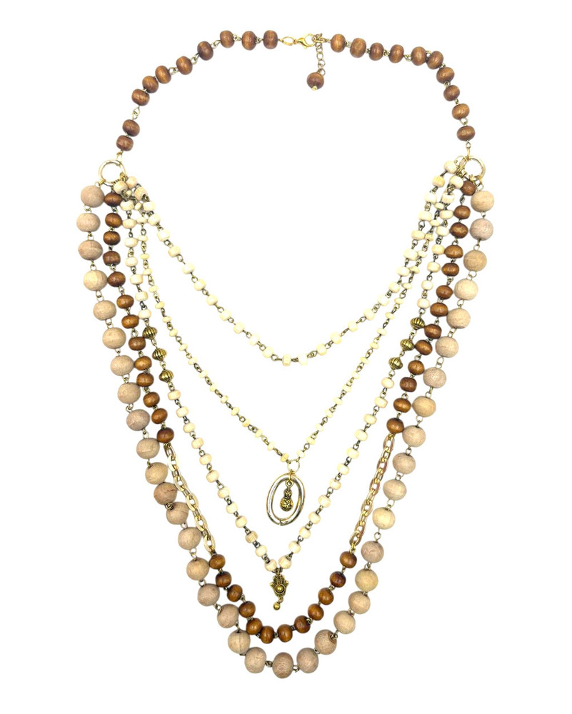 Boho Multi-Layered Wooden Bead And Gold Charm Necklace